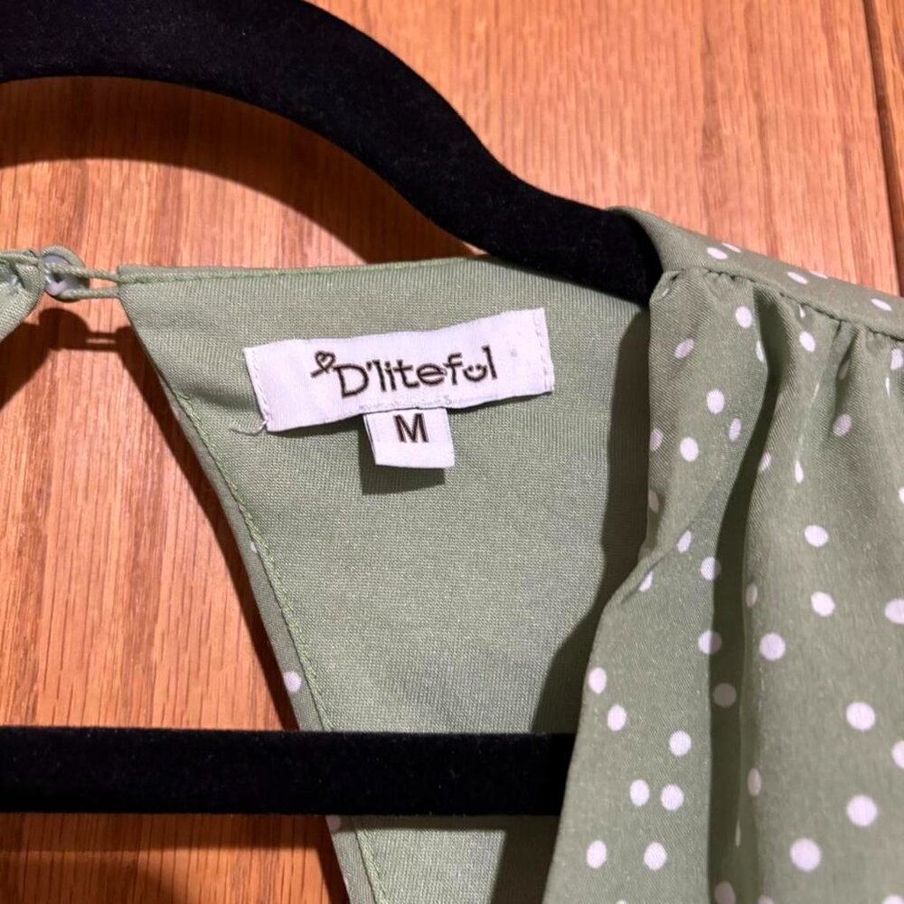 D'liteful polka dot ruched puff sleeve v-neck open back mini dress sage green - Picture 4 of 6